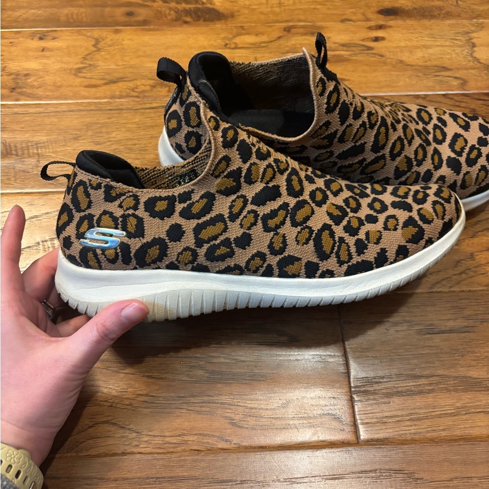 Skechers Slip-On Leopard Print Knit Walking Shoes - Brown